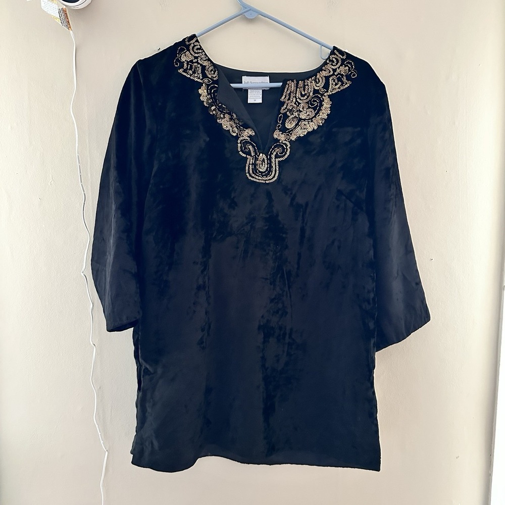 VTG Soft Surroundings Women Velour Tunic Top Size M Black Velvet Boho Witchy